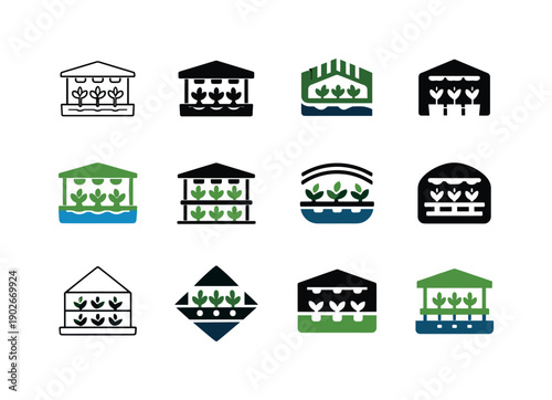 Hydroponic Market Logos. Hydroponic markets. Icon set. Set Logo of hydroponic markets: indoor plant stall system. harmonious logo variations of the same