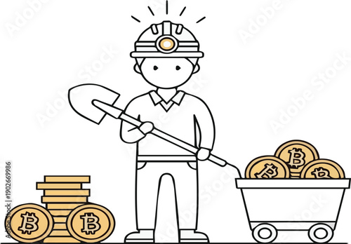 Cartoon miner with shovel and cart full of Bitcoin coins on white background mining