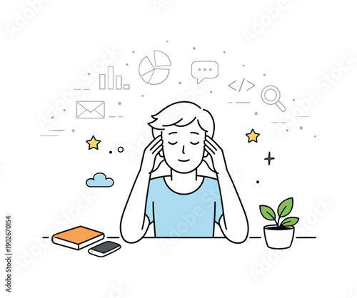 Data overload stress. A person pausing with eyes closed while abstract data symbols fade, expressing the need to disconnect. Soft editorial
