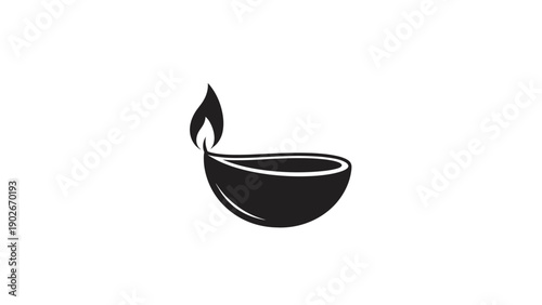 Minimalist black and white illustration of an oil lamp with a flame isolated on white