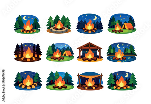 Forest Campfire. Colorful flat vector icons set of Forest Campfire: fire among trees, woodland fire pit, forest night glow, campfire in