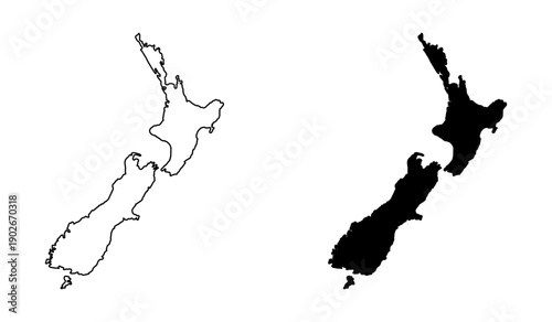 Stylized New Zealand Map Icon Set with Various Styles including Outline Contour and Flat Solid Silhouette. Vector Image.