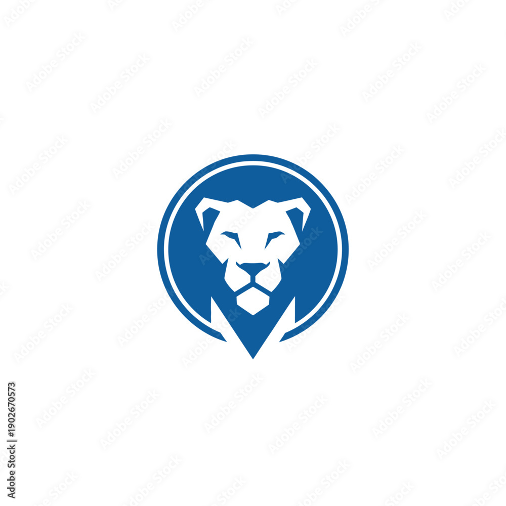 Naklejka premium Stylized blue lion head emblem within a circle on white background