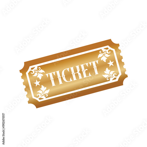 Golden vintage ticket with floral ornaments, vector illustration