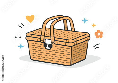 Wicker picnic basket. A simple wicker picnic basket placed neatly on a clean surface, with soft shadows grounding the scene. The illustration