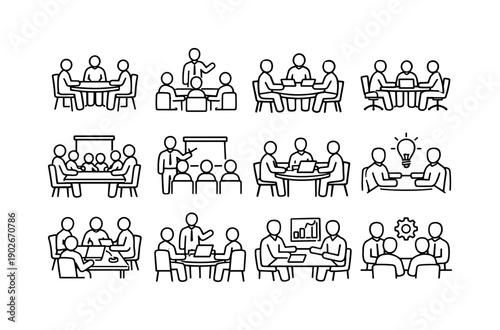 Office Team Meeting. Line icon set of Office Team Meeting: team around table, manager speaking, seated discussion, collaborative workspace,