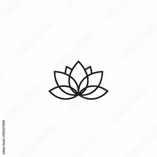 Minimalist black outline drawing of a lotus flower centered on a white background