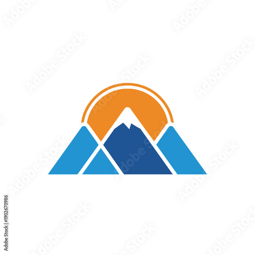Stylized mountain range silhouette with a rising sun, color blocked
