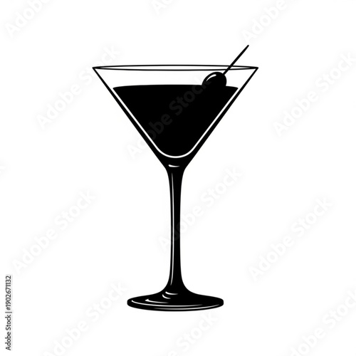 Elegant martini glass filled with dark cocktail and garnished with olive