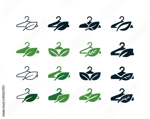 Sustainable Fashion Icons. Sustainable fashion. Icon set. Set Logo of sustainable fashion: leaf combined with clothing hanger. harmonious logo variations of