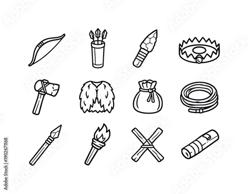 Traditional Hunting Tools. Traditional hunting tools. Line icon set of Traditional hunting tools: wooden bow, arrow quiver, flint knife, animal trap, hand axe,