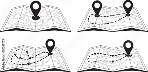 Black and white map with location pins and routes map location pins route symbols navigation signs map markers