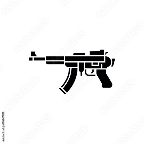 Black and white of an assault rifle with a curved magazine firearm