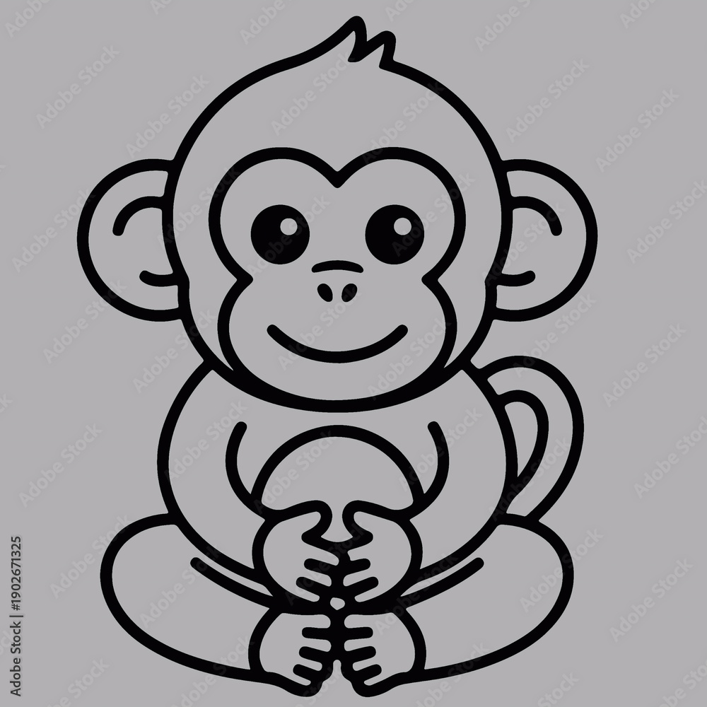 Fototapeta premium Simple black and white illustration of a cute seated monkey