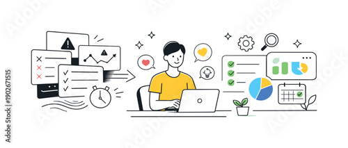 Human-centered algorithmic management. An editorial transition scene where rigid dashboards soften into balanced tools supporting a worker.