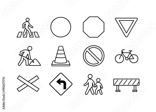 Road Safety Signs. Line icon set of Road Safety Signs: pedestrian crossing, speed limit sign, stop sign shape, yield sign, road works,