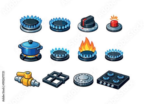 Gas Cooking. Colorful isometric vector icons set of Gas Cooking: gas stove burner, flame ring, gas control knob, ignition button, cookware on