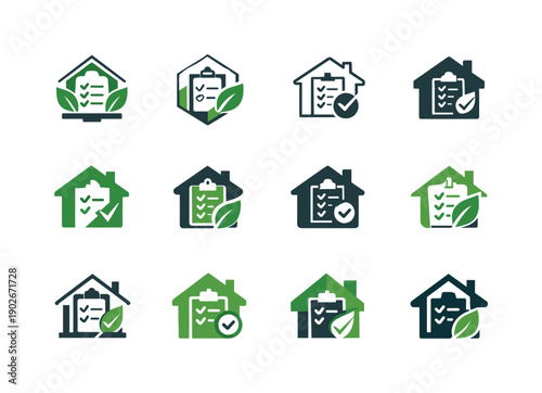 Energy efficiency consulting for homes. Icon set. Set Logo of Energy efficiency consulting for homes: energy audit checklist with house.