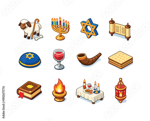 Jewish festival symbols. Colorful isometric vector icons set of Jewish festival symbols: Passover lamb icon, menorah, Star of David, Torah
