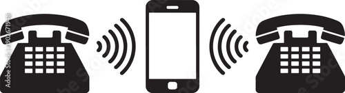 Black landline phones and smartphone with sound waves