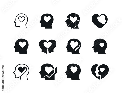 Well-being and mental health awareness. Icon set. Set Logo of well-being and mental health awareness: human head with heart inside.