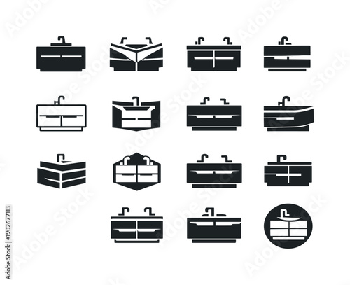 A modern bathroom vanity with sleek storage solutions. Icon set. Set Logo of modern bathroom vanity with sleek storage solutions: vanity with
