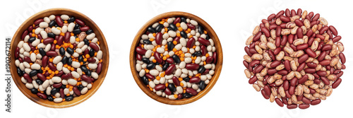 Foto Set of assorted dry beans and legumes in wooden bowls, top view collection of kidney beans, black beans, and white beans isolated on white background