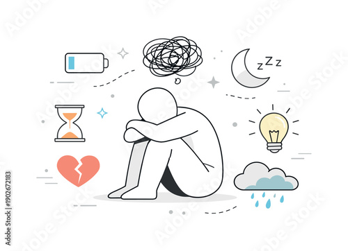 Silent burnout symptoms abstract concept. Soft abstract shapes, fading lines, and low-energy symbols arranged around a central figure. The