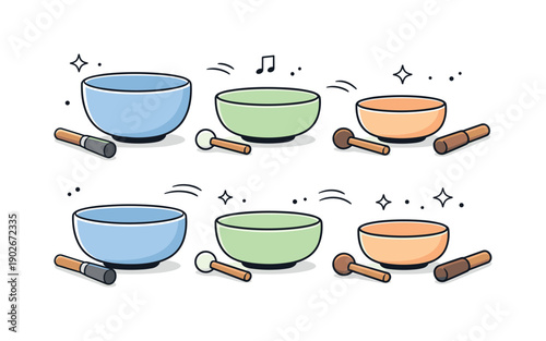 Symmetrical Singing Bowls Collection. Singing bowl collection. A symmetrical set of sound healing bowls with different tones, mallets placed beside them,