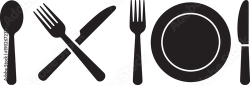 Black silhouettes of cutlery and plate on white background fork knife spoon