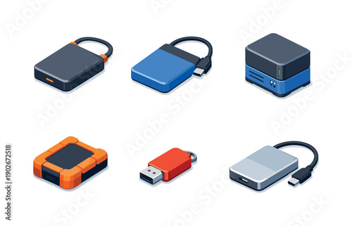 Portable storage. Isometric flat vector icons set of portable storage: external SSD drive, pocket hard drive, backup drive unit, travel hard