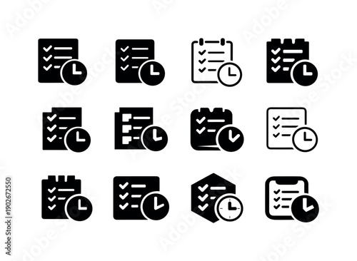 Time Management Icons. Time management. Icon set. Set Logo of time management: task list with clock. harmonious logo variations of the same emblematic concept,