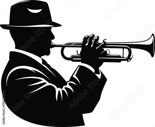 Black silhouette jazz musician playing trumpet classic music performance artistic vector illustration isolated white background for concert band entertainment design