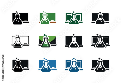 chemistry teacher. Icon set. Set Logo of chemistry teacher: laboratory flask and chalkboard. harmonious logo variations of the same