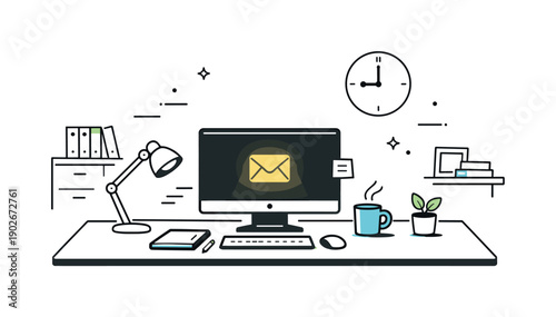 Empty office after hours detail. A desktop left on with a single glowing icon, casting light on surrounding stillness. The scene conveys