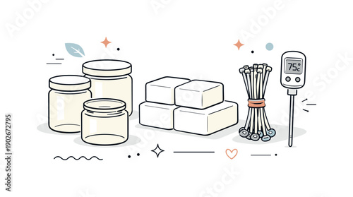 Minimalist Candle Crafting. Minimal candle making tools set. Simple arrangement of candle jars, wax blocks, wicks, and thermometer, expressing mindful DIY