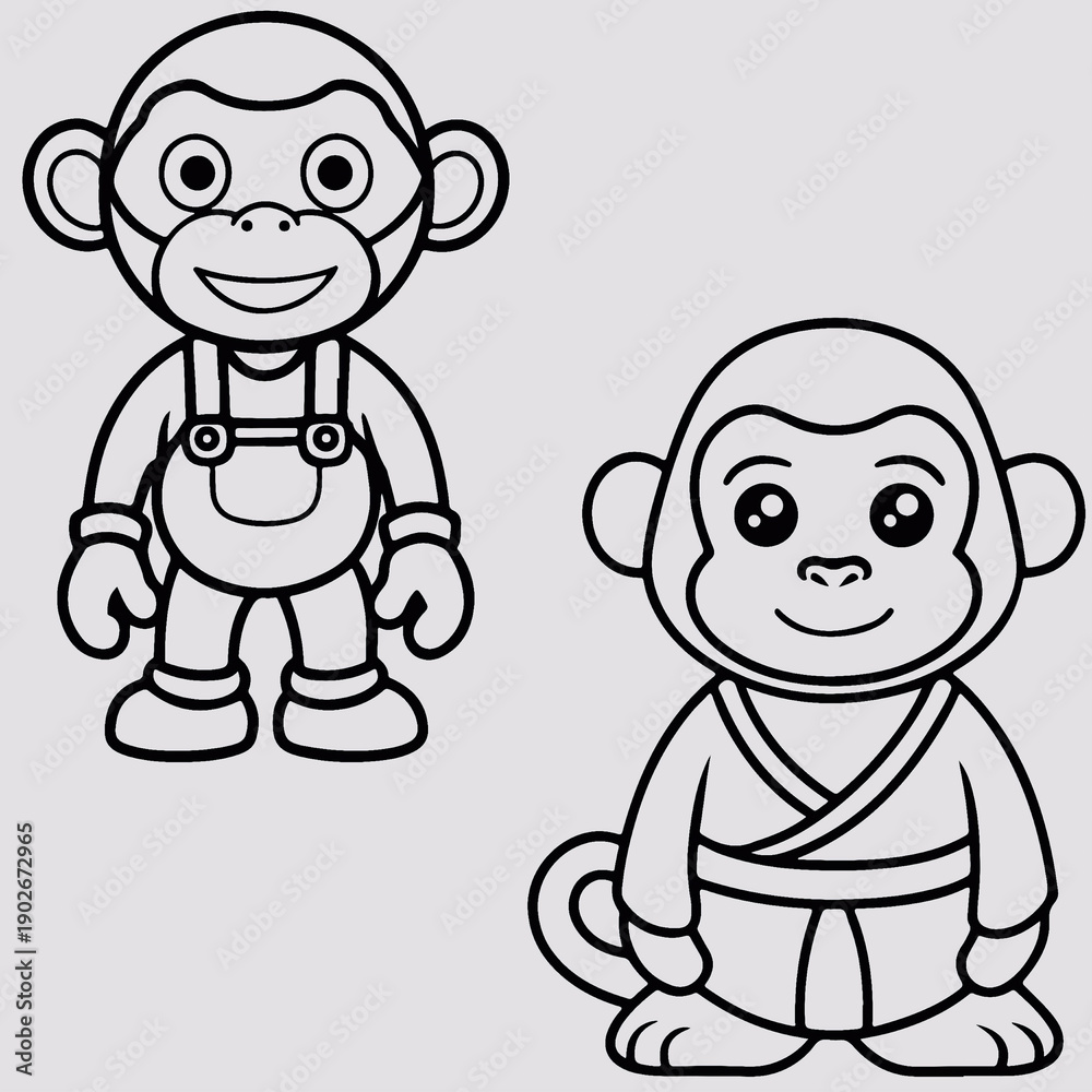 Obraz premium Two adorable cartoon monkeys are depicted in a black and white illustration