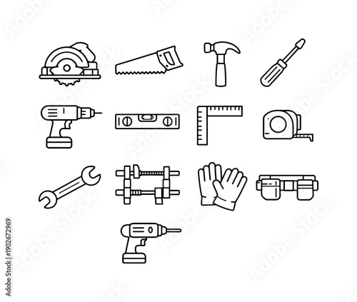 Construction tools. Line icon set of Construction tools: circular saw, hand saw, hammer, screwdriver, power drill, spirit level, square