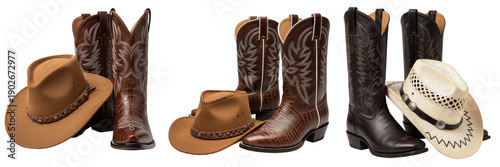 Photos Collection of western cowboy gear sets, brown and black leather boots with decorative stitching and matching felt and straw hats, isolated on white