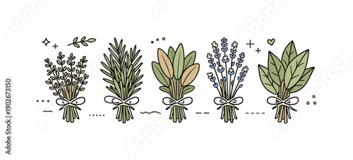 Minimal Herb Arrangement. Minimal dried winter herbs set. Several herb bundles neatly aligned in a row with muted green and brown tones, soft stems and tied