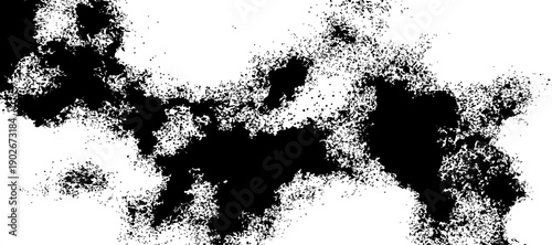 grunge black and white abstract art piece featuring a splattered ink design on a clean white background.