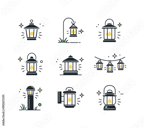 Outdoor lanterns minimal icons. Simplified lantern shapes with small light accents arranged as a clean icon set. The scene feels decorative,