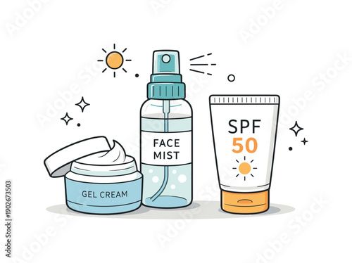 Summer skincare minimal essentials. Small set of skincare products like gel cream, mist spray, and sunscreen arranged in a tidy group. The