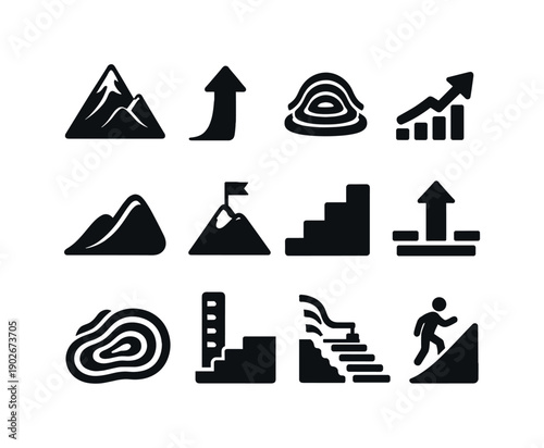 Elevation Icon Set. Elevation. Solid icon set of Elevation: mountain peak, upward arrow, altitude lines, rising chart, hill slope, summit flag, stair steps,
