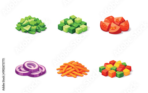 SaladPrep. Isometric flat vector icons set of SaladPrep: chopped lettuce, cucumber cubes, tomato chunks, red onion slices, carrot shavings,