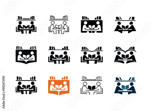 Coworking library-style spaces. Icon set. Set Logo of coworking library-style spaces: quiet collaboration space symbol. harmonious logo