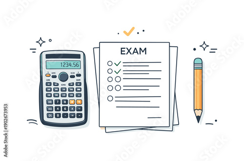 Scientific calculators and exams. A calm exam desk with a calculator, pencil, and paper, showing readiness and focus without stress. Minimal