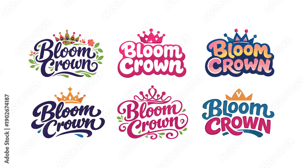 Fototapeta premium Bloom Crown Typography. Bloom crown typography. Set lettering. harmonious lettering variations of the same emblematic concept, each with different artistic