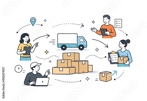 Logistics workflow. Team members coordinating shipments around stacked boxes and a delivery truck icon, calm collaboration and