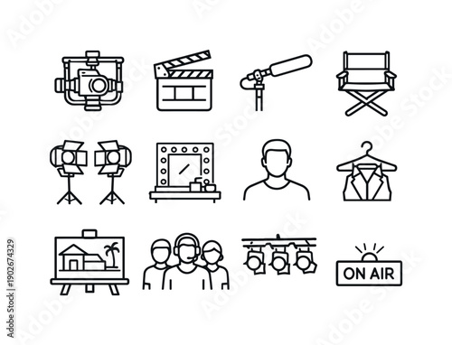 Film Set Icons. Film Set Production. Line icon set of Film Set Production: camera rig, clapperboard, boom mic, director chair, studio lights, dressing room